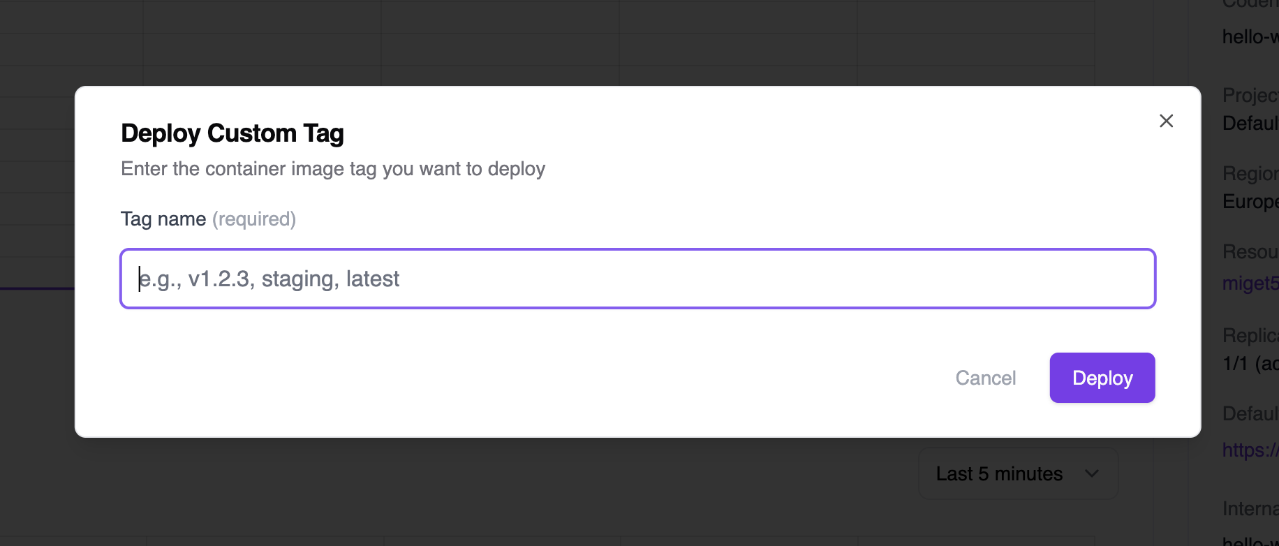 Deploy Custom Tag dialog